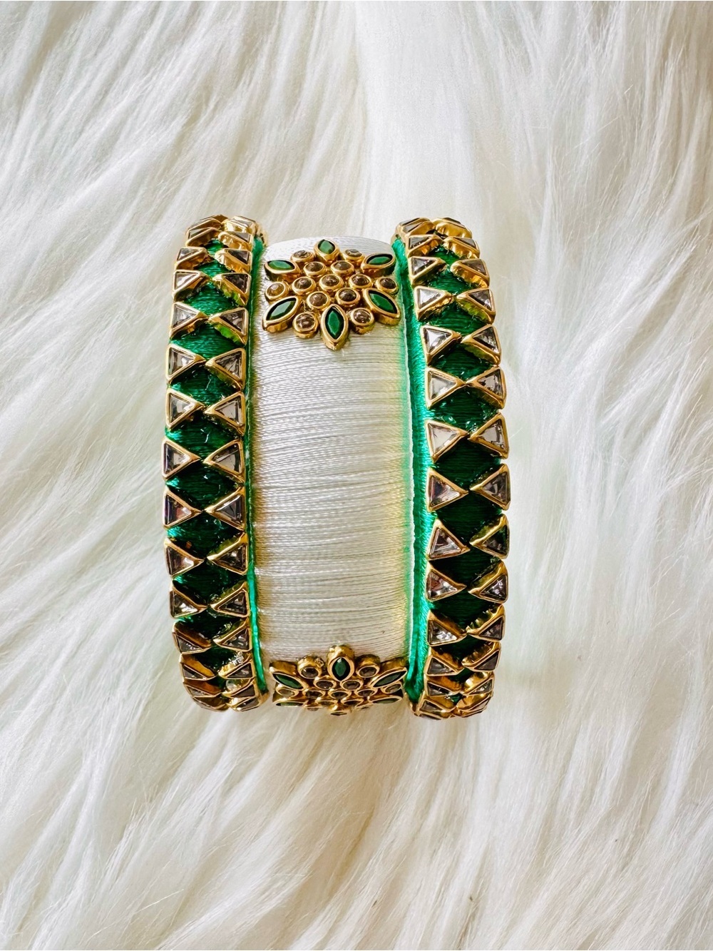 Handmade Elegant Green and White Kundan-Style silk thread wrapped Bangle Set